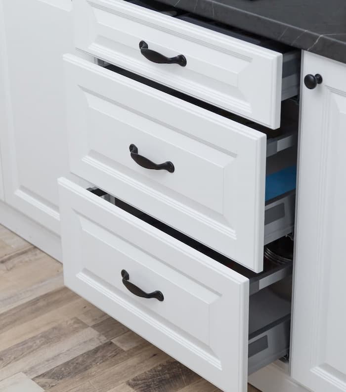 Revere Drawer Fronts and Doors Open white drawers